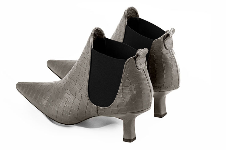 Ash grey and matt black women's ankle boots, with elastics. Pointed toe. Medium spool heels. Rear view - Florence KOOIJMAN